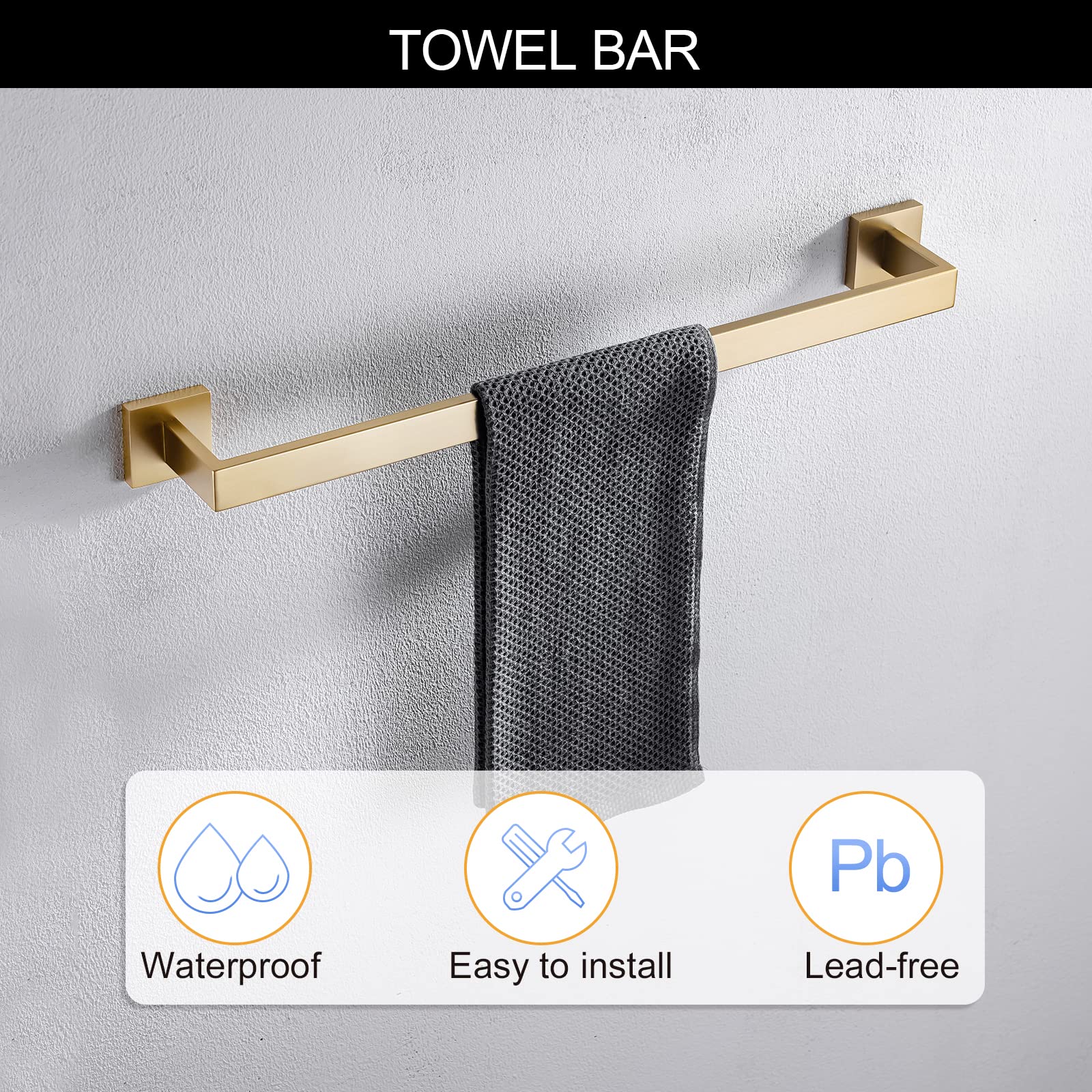 Tnoms Brushed Gold Towel Bar Set Bathroom Hardware Set, 5 Pieces Gold Bathroom Accessories Set Stainless Steel Wall Mounted Towe